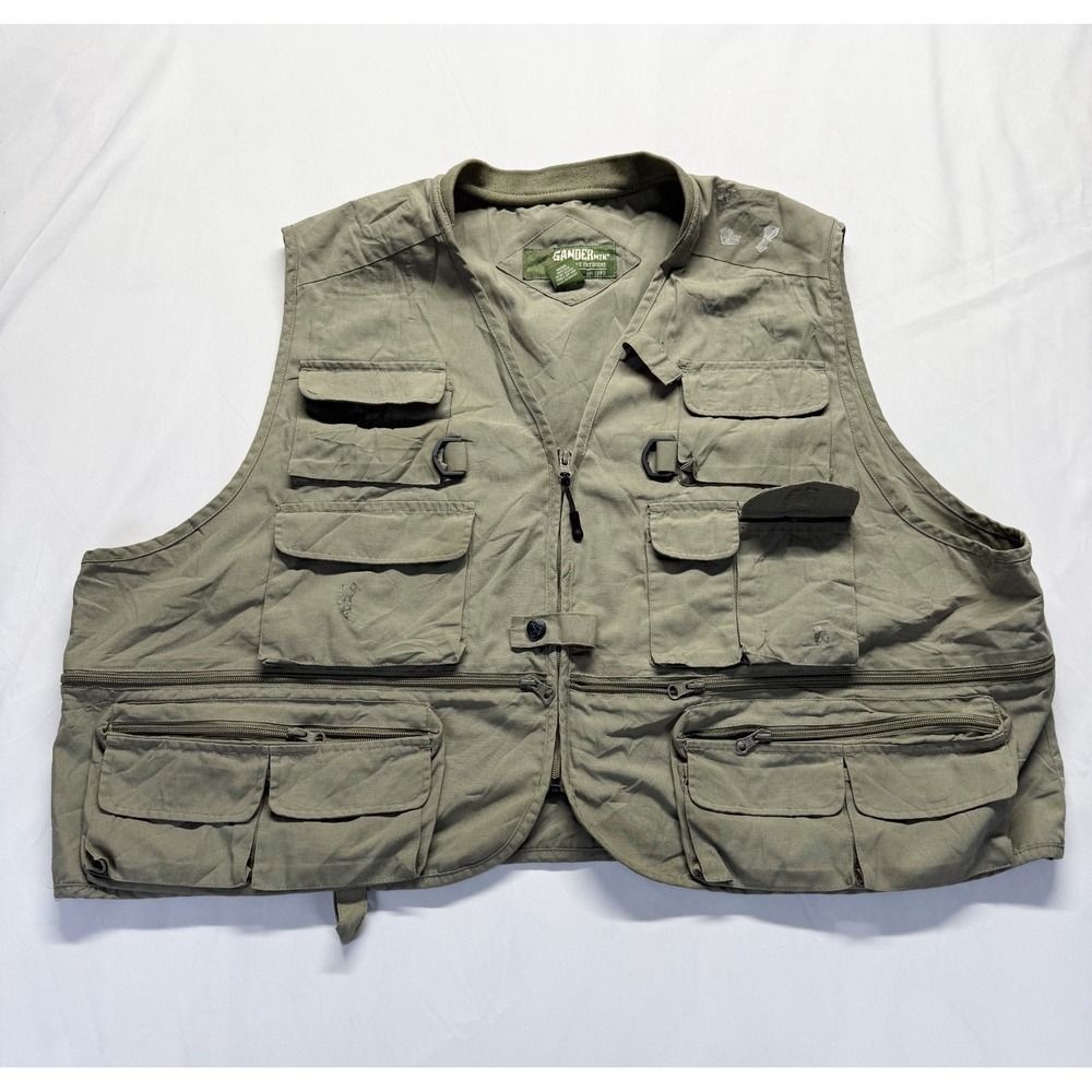 Gander Mountain Fishing Vest Mens 3XL Olive Green Logo Utility Pockets Full Zip
